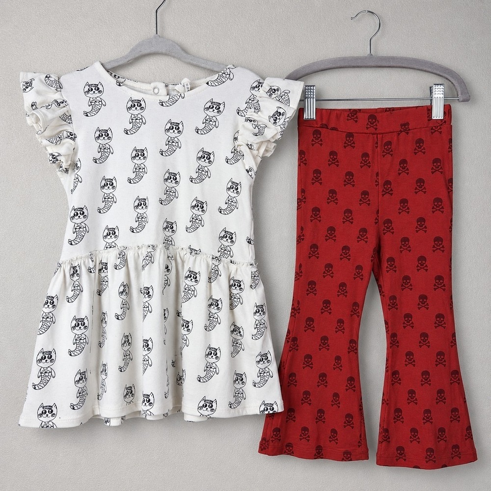 Kate Quinn 4T Bundle Organic Cotton Mermaid Cat Dress & Bamboo Skull Flare...